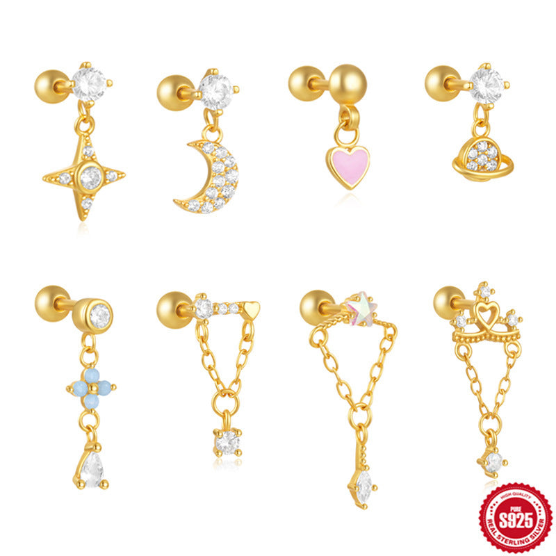 STRAZIA- S925 Sterling Silver Star  Moon  And Flower Piercing Stud Earrings