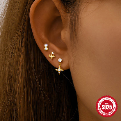 STRAZIA- S925 Sterling Silver Star  Moon  And Flower Piercing Stud Earrings