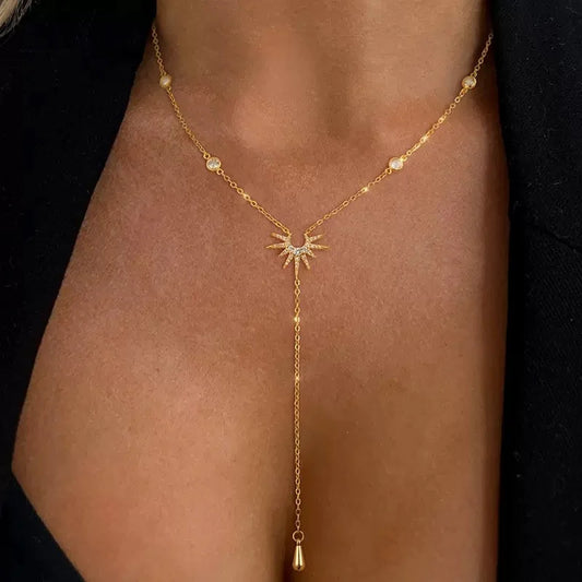 STRAZIA®- Collana décolleté Lunga con Sole e Goccia Placcata Oro 18K